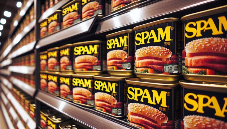 Spam Latas de spam en los estantes de un supermercado