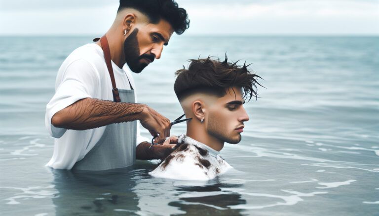 cortándose el pelo en el mar