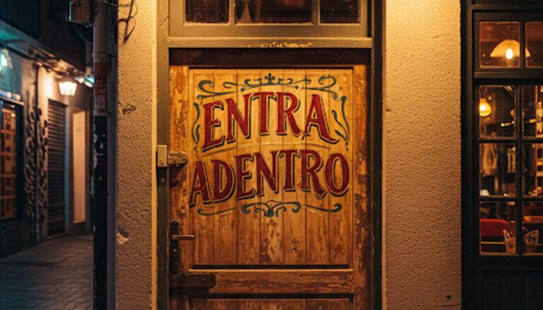 Pleonasmo puerta con letrero "entra adentro"